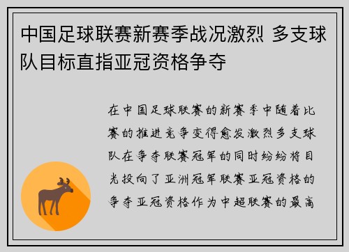 中国足球联赛新赛季战况激烈 多支球队目标直指亚冠资格争夺