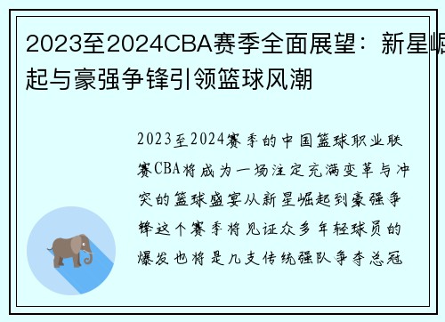 2023至2024CBA赛季全面展望：新星崛起与豪强争锋引领篮球风潮
