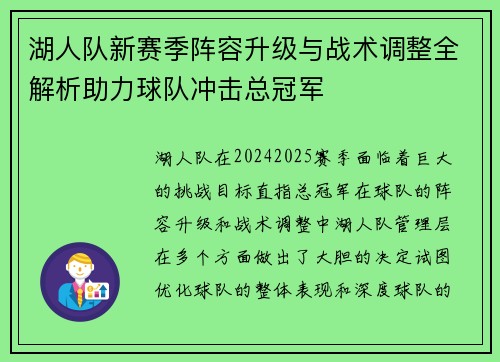 湖人队新赛季阵容升级与战术调整全解析助力球队冲击总冠军