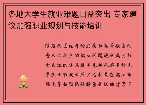 各地大学生就业难题日益突出 专家建议加强职业规划与技能培训