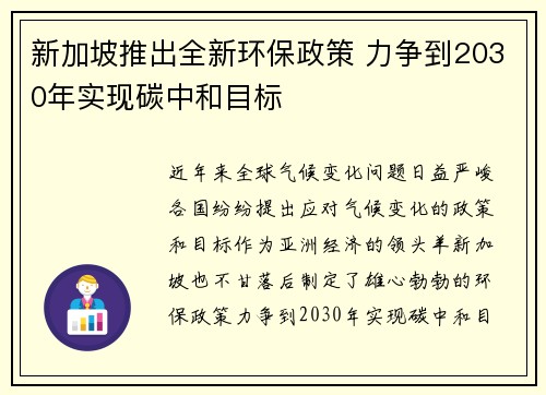 新加坡推出全新环保政策 力争到2030年实现碳中和目标