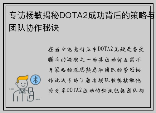 专访杨敏揭秘DOTA2成功背后的策略与团队协作秘诀